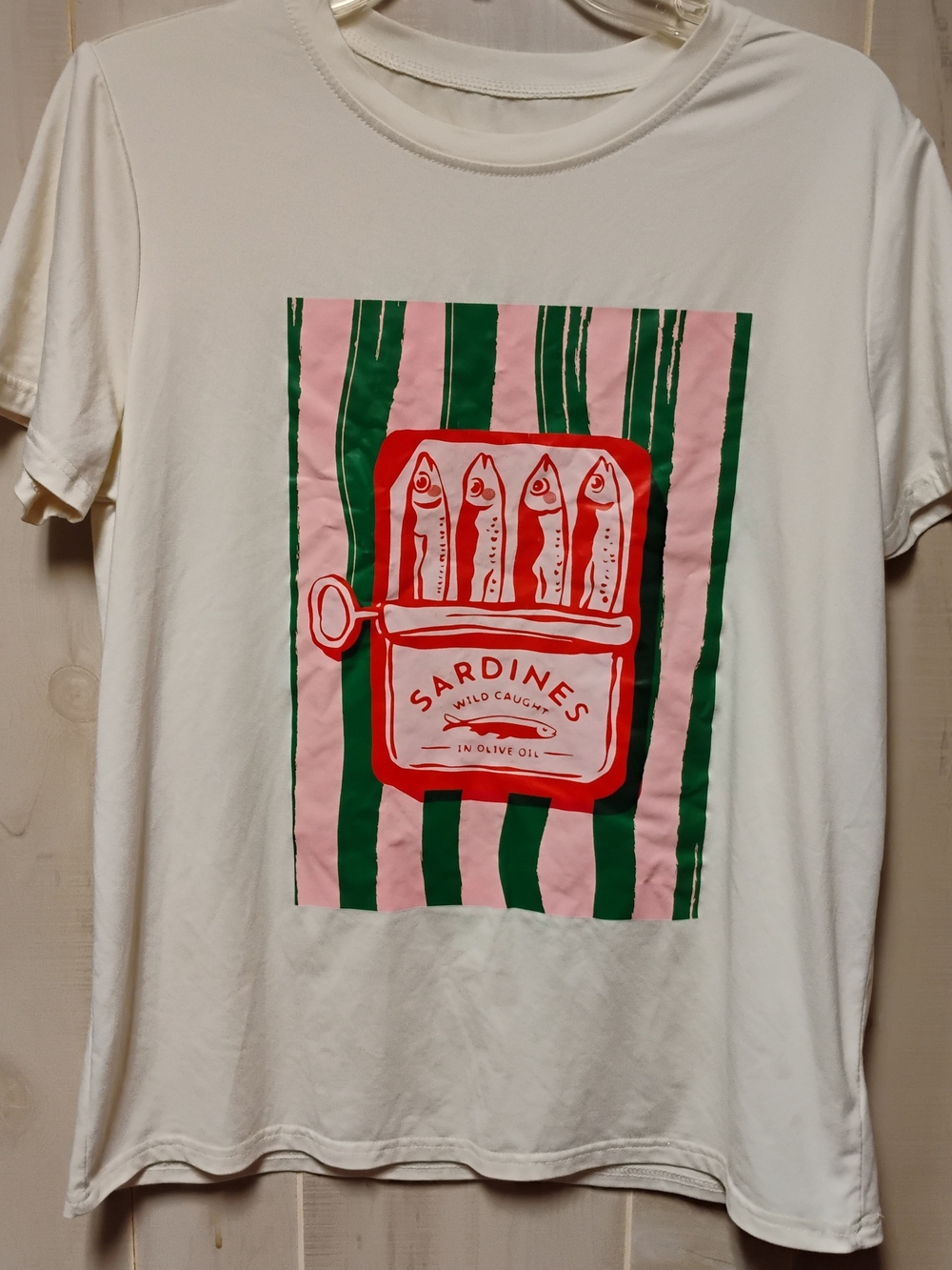 White Graphic T-Shirt with Pink & Green Sardines Print